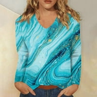 Женски моден ежедневен печат с дълъг ръкав V Вратно пуловер Топ блуза