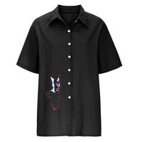 YYESELK SIMPLE Style Дамски лятна тениска за свободното време къси ръкави памук и бельо туника върхове модерни елегантни флорални печат бутон надолу уютна блуза черно m