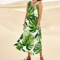Небрежни рокли за жени през лятото на небрежно модно цветно отпечатани без ръкави кръгла врата джобна рокля армия зелено xxxl