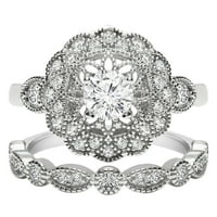 18к Бяло Злато микрочип Арт Деко флорален дизайн дуо сватбен пръстен комплект годежен пръстен и сватбена халка с кубичен цирконий,