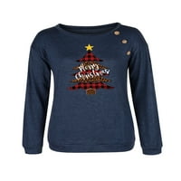 Frontwalk Christmas Xmas Tree Print Blouse Rish for Women Graphic Top Top Long Dongleve Pullover Tee с джобно синьо s