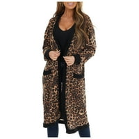 Жени ежедневни яке- небрежно модна ретро джобна леопард отпечатано жилетка с дълъг ръкав кафяв XL