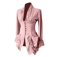 Symoid Womens Coats & Jackets- Дълъг ръкав ретро дантелен копче нагоре Винтидж нередовен задник за опашка разходки розов XL