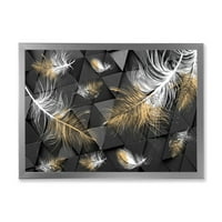 Дизайнарт 'златни и бели пера на триъгълни' модерна рамка Арт Принт