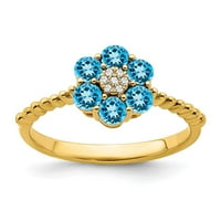 14k жълто злато синьо топаз и истински диамантен флорален пръстен