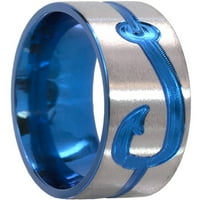 Плосък титанов пръстен с фрезована въдица анодизирана в синьо