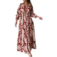 Женски рокли плаж флорален отпечатан с v-образно деколте с дълъг ръкав костенурка Небрежно разхлабена нередовна модна рокля за