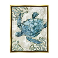 Ступел индустрии морска костенурка плуване Плая Сийлайф графично изкуство металик злато плаваща рамка платно печат стена изкуство,