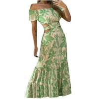 Лятна рокля с дължина на глезена за жени Продажба на флорален отпечатък от рамото за рамо за момичета, изпускаща винтидж ваканция с къс ръкав плаж гост бохо зелено x