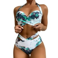 Dolkfu Halter Wrap Criss Cross Bikini комплект за жени с талия натискане на два бански хавайски тропически печат бански костюм