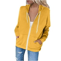 Жена зимно палто плюс размер дълъг ръкав пуловер пуловер солиден цип с цип с качулка жълто 2xl
