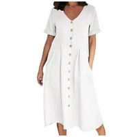 Модни жени летни ежедневни V-образни вещи солидни копчета с къс ръкав джоб памучен спален рокля