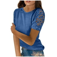 Женска модна дантела куха твърд цвят кръгла шия с къс ръкав тениска