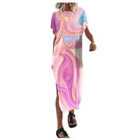 Лятни основи OtemrCloc Женски летен тениска рокля Raglan Sleeve Crewneck Печат на разхлабени цепки Странична дълга плажна рокля