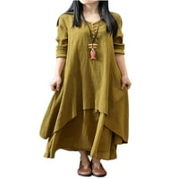 Huakaishijie памучен бельо дълга рокля за жени с дълги ръкави ръбове подгъва едно цяло